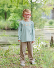 Load image into Gallery viewer, Ignite your little explorer’s passion for the outdoors with the Mallard Flight Pant Set by Jellybean! The warm brown pants and green striped shirt, detailed with charming mallard appliqués, create a cozy fall outfit that celebrates adventure and nature’s beauty. Perfect for spirited infants and toddlers!