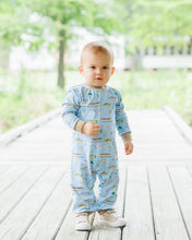 Load image into Gallery viewer, Dress your little one in the Hook and Tackle Thomas Romper by Jellybean—an irresistibly cozy, breathable outfit designed for adventurous fall days. With its charming fishing-themed print, this romper sparks imagination while keeping your infant comfortable and ready to explore! Ready for endless adventures?