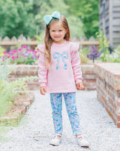 Load image into Gallery viewer, Let your little one bloom in the Painted Petals Ruffle Sweatshirt Set by Jellybean! The soft pink sweatshirt, detailed with a charming floral bow and ruffle sleeves, pairs beautifully with matching floral leggings—bringing comfort and vibrant fall style to every playful moment. Ready to brighten her day?