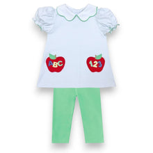 Load image into Gallery viewer, Spark joy in your toddler’s wardrobe with the ABC Pockets Leggings Set by Zuccini Kids! The light blue striped tunic, detailed with charming ABC and 123 pockets and a classic Peter Pan collar, pairs perfectly with cozy leggings—making every first day of school or playtime unforgettable and full of smiles!