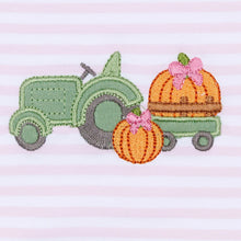 Load image into Gallery viewer, Wrap your baby in the soft luxury of this Light Pink Pumpkin Ruffle Footie by Magnolia Baby. Made from soft Pima cotton, its delicate pink stripes and charming pumpkin appliqué bring cozy fall sweetness to every moment. The gentle ruffles add a touch of playful elegance—perfect for little memories in the making!