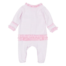 Load image into Gallery viewer, Wrap your baby in the soft luxury of this Light Pink Pumpkin Ruffle Footie by Magnolia Baby. Made from soft Pima cotton, its delicate pink stripes and charming pumpkin appliqué bring cozy fall sweetness to every moment. The gentle ruffles add a touch of playful elegance—perfect for little memories in the making!