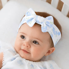 Load image into Gallery viewer, Sweet, soft, and perfectly polished, the Magnolia Baby Dreamy Hydrangeas Print Headband in sky blue is a charming accessory for your little one. Crafted from luxuriously soft 100% Pima cotton, this baby headband is gentle on delicate skin while offering a comfortable, secure fit.