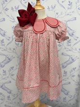 Load image into Gallery viewer, Sophie and Lucas Cranberry Boxwood Petal Float Dress dazzles with a delicate red petal collar and a timeless floral silhouette. Perfect for infants to toddlers, this elegant dress carries your little one from fall celebrations to Christmas with charm and comfort. Bloomers included for sizes 9m, 12m, 18m.
* Bow not included. *