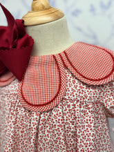 Load image into Gallery viewer, Sophie and Lucas Cranberry Boxwood Petal Float Dress dazzles with a delicate red petal collar and a timeless floral silhouette. Perfect for infants to toddlers, this elegant dress carries your little one from fall celebrations to Christmas with charm and comfort. Bloomers included for sizes 9m, 12m, 18m.
* Bow not included. *