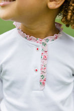 Load image into Gallery viewer, The Proper Peony Zinnia Blooms Henley Shirt is crafted from 100% Pima cotton, providing durable softness and breathability. This white Henley features printed zinnia bloom accents, offering a distinctive design that complements the matching Zinnia Blooms Scallop Skort for tween girls. Skort sold separately.