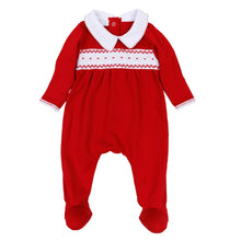 Load image into Gallery viewer, A timeless essential with a festive touch, the Miles Smocked Footie by Magnolia Baby blends classic style with everyday comfort. Crafted in a rich red hue, it features an elegant hand-smocked panel with delicate contrast embroidery and a crisp white Peter Pan collar for a polished, traditional look.