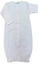 Load image into Gallery viewer, Dress your little one in comfort and style with the Infant Girls Pink Stripe Converter Gown from Baby Loren. Crafted from 100% soft Pima cotton, this gown features delicate pink and white mini stripes that add a charming touch. Its clever snap design easily converts from a cozy gown to a playful romper, offering versatile wear for growing infants. Perfect for day and night, this convertible gown ensures your baby stays comfortable while looking adorable.