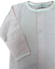 Load image into Gallery viewer, Dress your little one in comfort and style with the Infant Girls Pink Stripe Converter Gown from Baby Loren. Crafted from 100% soft Pima cotton, this gown features delicate pink and white mini stripes that add a charming touch. Its clever snap design easily converts from a cozy gown to a playful romper, offering versatile wear for growing infants. Perfect for day and night, this convertible gown ensures your baby stays comfortable while looking adorable.