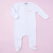Load image into Gallery viewer, Celebrate the special bond between siblings with Magnolia Baby’s Little Sister Embroidered Footie! Crafted from luxurious Peruvian Pima cotton, this footie offers unparalleled softness and comfort for your little one. The design features an embroidered "little sister" in a gentle pink, highlighting her special role.
