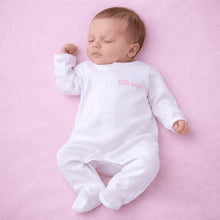 Load image into Gallery viewer, Celebrate the special bond between siblings with Magnolia Baby’s Little Sister Embroidered Footie! Crafted from luxurious Peruvian Pima cotton, this footie offers unparalleled softness and comfort for your little one. The design features an embroidered "little sister" in a gentle pink, highlighting her special role.