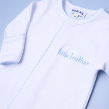 Load image into Gallery viewer, Celebrate the special bond between siblings with Magnolia Baby’s Little Brother Embroidered Footie. Crafted from luxurious Pima Cotton, this footie offers unparalleled softness and comfort for your little one. The design features an embroidered "little brother" in a gentle light blue, highlighting his special role.