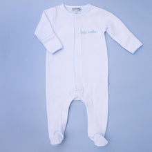 Load image into Gallery viewer, Celebrate the special bond between siblings with Magnolia Baby’s Little Brother Embroidered Footie. Crafted from luxurious Pima Cotton, this footie offers unparalleled softness and comfort for your little one. The design features an embroidered "little brother" in a gentle light blue, highlighting his special role.