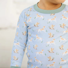 Load image into Gallery viewer, Cozy, classic, and full of outdoor charm, Magnolia Baby’s Duck and Hound Long Pajamas are perfect for peaceful nights and relaxed mornings. Crafted from luxuriously soft 100% Peruvian Pima cotton, this adorable two-piece set features the charming Duck and Hound print for a sweet, countryside-inspired look.