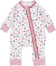Load image into Gallery viewer, Celebrate the season in cozy style with the Magnolia Baby Christmas Magic Print Playsuit, a festive favorite designed for both comfort and convenience. Featuring a cheerful allover holiday print with Santa, reindeer, Christmas trees, gingerbread cookies, and candy canes, this adorable one-piece is perfect for holiday time and Christmas. Thoughtfully designed with a two-way zipper, this playsuit makes dressing and diaper changes quick and easy.