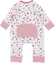 Load image into Gallery viewer, Celebrate the season in cozy style with the Magnolia Baby Christmas Magic Print Playsuit, a festive favorite designed for both comfort and convenience. Featuring a cheerful allover holiday print with Santa, reindeer, Christmas trees, gingerbread cookies, and candy canes, this adorable one-piece is perfect for holiday time and Christmas. Thoughtfully designed with a two-way zipper, this playsuit makes dressing and diaper changes quick and easy.
