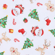 Load image into Gallery viewer, Celebrate the season in cozy style with the Magnolia Baby Christmas Magic Print Playsuit, a festive favorite designed for both comfort and convenience. Featuring a cheerful allover holiday print with Santa, reindeer, Christmas trees, gingerbread cookies, and candy canes, this adorable one-piece is perfect for holiday time and Christmas. Thoughtfully designed with a two-way zipper, this playsuit makes dressing and diaper changes quick and easy.