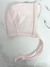 Load image into Gallery viewer, Add a touch of sweetness to your newborn's wardrobe with our Pima Cotton Embroidered Bonnett from Squiggles. Made from high-quality Pima cotton, this bonnet is soft and delicate on baby's skin. The light pink and light blue embroidery add a charming touch, making it a perfect gift addition for any newborn. Complete the look with our matching Embroidered Converter from Squiggles.