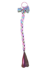 Load image into Gallery viewer, Elevate your daughter's style with the Fantasy Braided Ponytail Extension from Anuja Tulia! This playful and colorful ponytail comes with three different styles and colors, complete with a charming detail of either a butterfly, unicorn, or rainbow. Not only is it a fashion statement, but it also supports a great cause, with proceeds going to charity.
