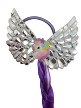 Load image into Gallery viewer, Elevate your daughter's style with the Fantasy Braided Ponytail Extension from Anuja Tulia! This playful and colorful ponytail comes with three different styles and colors, complete with a charming detail of either a butterfly, unicorn, or rainbow. Not only is it a fashion statement, but it also supports a great cause, with proceeds going to charity.