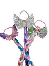 Load image into Gallery viewer, Elevate your daughter's style with the Fantasy Braided Ponytail Extension from Anuja Tulia! This playful and colorful ponytail comes with three different styles and colors, complete with a charming detail of either a butterfly, unicorn, or rainbow. Not only is it a fashion statement, but it also supports a great cause, with proceeds going to charity.