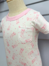 Load image into Gallery viewer, Saddle up for sweet dreams in this charming Girls Darling Cowboy Nightdress from Magnolia Baby. Crafted from soft pima cotton, this short-sleeve nightdress features an adorable cowgirl boots print in cheerful pink—perfect for little ones who love all things Western. The breathable fabric keeps her comfortable through the night, while the playful design makes bedtime fun. An ideal choice for cozy nights and imaginative play.