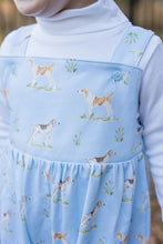 Load image into Gallery viewer, This Puppy Dog Tails James Longall from James & Lottie offers a charming and cozy outfit for your little one. Featuring a light blue knit with an adorable hunting pointer dog design, this longall blends classic style with all-day comfort. Perfect for everyday play or special occasions, it keeps your child looking cute and feeling snug.