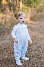 Load image into Gallery viewer, This Puppy Dog Tails James Longall from James & Lottie offers a charming and cozy outfit for your little one. Featuring a light blue knit with an adorable hunting pointer dog design, this longall blends classic style with all-day comfort. Perfect for everyday play or special occasions, it keeps your child looking cute and feeling snug.