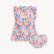 Load image into Gallery viewer, Experience the beauty of spring in our Lily Vibrant Floral Dress from Magnetic Me. Featuring a stunning floral pattern, cute puffy sleeves, and a charming tiered skirt, this dress is perfect for your little one. Plus, smaller sizes come with a convenient diaper cover.