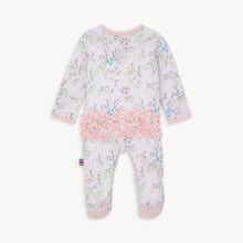 Load image into Gallery viewer, Experience the convenience and beauty of the Emily Floral Footie Pajama from Magnetic Me! The magnetic front closure makes dressing effortless for parents, while the ruffled back adds a touch of sweetness. The lovely lavender and floral design will have your little one looking adorable and feeling cozy all night long.