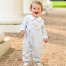 Load image into Gallery viewer, Dress your little one in festive charm with the Infant Boys Nativity Romper from Trotter Street Kids. This adorable outfit pairs a striped bubble, enhanced by delicate details. The beautifully embroidered nativity scene adds a meaningful touch, making it perfect for holiday celebrations and treasured photos. 
