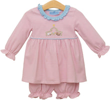 Load image into Gallery viewer, Dress your little one in festive charm with the Infant Girls Nativity Bloomer Set from Trotter Street Kids. This adorable outfit pairs a striped tunic with coordinating bloomer shorts, enhanced by delicate ruffle details. The beautifully embroidered nativity scene adds a meaningful touch, making it perfect for holiday celebrations and treasured photos. 