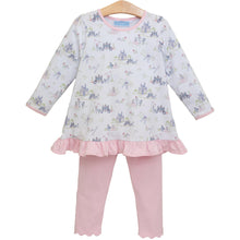 Load image into Gallery viewer, Dress your little one in the enchanting Once Upon a Time Pants Set from Trotter Street Kids. This charming outfit features a fairy tale print tunic with a delicate ruffle hem, paired perfectly with soft pink leggings for all-day comfort. Ideal for playdates or special occasions, this set combines whimsical style with cozy wearability, making it a must-have addition to your child’s wardrobe.