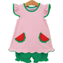 Load image into Gallery viewer, Celebrate summer style with this adorable One in a Melon Bloomer Set from Trotter Street Kids. The charming pink striped tunic features playful flutter sleeves and whimsical watermelon appliques that bring joy to any outfit. Paired with coordinating green bloomers, this two-piece set offers both comfort and personality for active little ones. 
