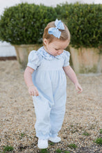 Load image into Gallery viewer, The Ava Blue Floral Payton Long Bubble from James & Lottie features a charming floral print collar that adds a touch of sweetness to her wardrobe. Designed with short sleeves and delicate details, this long bubble offers both comfort and style, making it perfect for any occasion this season. Dress her in this delightful piece to keep her looking effortlessly fashionable and comfortable all day long.