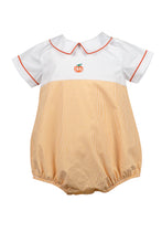 Load image into Gallery viewer, Dress your little one in festive charm with the Boys Pembroke Pumpkin Bubble from The Proper Peony. Featuring vibrant orange and white stripes, a crisp white peter pan collar, and a delicate embroidered pumpkin detail, this outfit combines playful style with seasonal spirit. Perfect for autumn celebrations, it offers both comfort and adorable appeal that will make your child stand out.