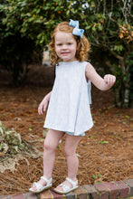 Load image into Gallery viewer, Elevate your little one's style with the Put a Bow on it Bloomer Set from James & Lottie. This charming set features a white and blue bow design, with an adorable oversized bow accent on the back, for a sweet and playful touch. Perfect for any occasion, this set will turn heads and spark conversations.
