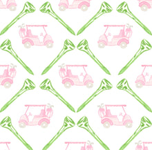 Load image into Gallery viewer, Introduce your little one to the world of golf with Let's PAR-TEE Knit Play Dress from James & Lottie. This dress is made with soft knit fabric, ensuring comfort for all-day play. The adorable pink, green, and white golf design adds a touch of classic charm. Perfect for toddlers to girls, let them swing into style and have fun on the course!