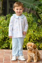 Load image into Gallery viewer, Dress your little one in the charming Puppy Pals Bloomer Pants Set from Trotter Street Kids. This delightful outfit pairs a soft knit shirt with a classic Peter Pan collar, featuring an adorable puppy and dog house design that sparks joy and imagination. The coordinating bloomer-style pants offer comfort and ease of movement, perfect for playtime or special occasions. Combining style and practicality, this set is an irresistible choice for your child’s wardrobe.