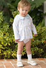 Load image into Gallery viewer, Dress your little one in the adorable Puppy Pals Boys Bubble from Trotter Street Kids. This charming outfit features a pale blue Peter Pan collar and delicate piping detail, perfectly complementing the sweet puppy and dog house print. Designed specifically for infant boys, it combines comfort and cuteness, making it an ideal choice for everyday wear or special occasions. Give your baby a cozy, stylish look that’s sure to capture hearts