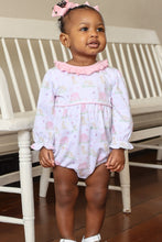 Load image into Gallery viewer, Dress your little one in the adorable Puppy Pals Girls Knit Ruffle Bubble from Trotter Street Kids. This adorable outfit features a pale pink ruffle collar and delicate piping detail, perfectly complementing the sweet puppy and dog house print. Designed specifically for infant girls, it combines comfort and cuteness, making it an ideal choice for everyday wear or special occasions. Give your baby a cozy, stylish look that’s sure to capture hearts