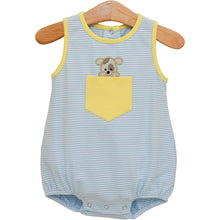 Load image into Gallery viewer, Adorable meets playful in this charming bubble from Trotter Street Kids. Featuring soft blue and white stripes with cheerful yellow piping, this knit bubble is designed for little ones who love all things cute and cuddly. The delightful peek-a-boo puppy peeking from the front pocket adds an interactive element that keeps babies entertained and engaged. 