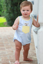 Load image into Gallery viewer, Adorable meets playful in this charming bubble from Trotter Street Kids. Featuring soft blue and white stripes with cheerful yellow piping, this knit bubble is designed for little ones who love all things cute and cuddly. The delightful peek-a-boo puppy peeking from the front pocket adds an interactive element that keeps babies entertained and engaged. 