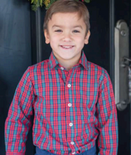 Load image into Gallery viewer, *Pre-Sale!
Elevate your boy's holiday wardrobe with this timeless Red Tartan Plain Button Up Shirt from James & Lottie. The classic tartan pattern in rich red delivers festive charm without sacrificing everyday versatility. Perfectly tailored for a polished look, this button-up pairs effortlessly with other sibling styles, making coordinated family moments effortless. Whether dressing up for celebrations or creating coordinated looks with siblings, this shirt combines heritage style with modern cool—a