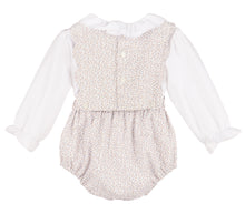 Load image into Gallery viewer, Dress your little one in timeless charm with the Floral Blooms Girl Overall Bubble by Sophie & Lucas. This khaki and blue overall features delicate bow accents that add a sweet touch, paired perfectly with a ruffle-collared shirt detailed with intricate embroidery. Combining classic style and thoughtful design, it ensures both comfort and an adorable look for any occasion.