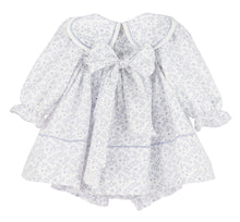Load image into Gallery viewer, The Floral Branches Petal Float Dress from Sophie & Lucas brings a charming touch to your little one’s wardrobe with its delicate blue and white floral pattern. Its petal scalloped collar adds a sweet, elegant detail, while the back tie ensures a comfortable, adjustable fit. Available in sizes from infant to toddler, this dress is the ideal choice for family photos, capturing timeless memories with style and grace.