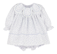 Load image into Gallery viewer, The Floral Branches Petal Float Dress from Sophie & Lucas brings a charming touch to your little one’s wardrobe with its delicate blue and white floral pattern. Its petal scalloped collar adds a sweet, elegant detail, while the back tie ensures a comfortable, adjustable fit. Available in sizes from infant to toddler, this dress is the ideal choice for family photos, capturing timeless memories with style and grace.