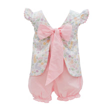 Load image into Gallery viewer, Get ready for Easter Sunday with our Smocked Bunny Garden Swing Back Bloomer Set! This adorable outfit, designed for infant and toddler girls, features a floral and bunny print top with a smocked bodice, embroidered bunnies, and adorable tie back with big pink bow. Paired with coordinating pink bloomers, this set is perfect for your little one to hop into spring with style. 
