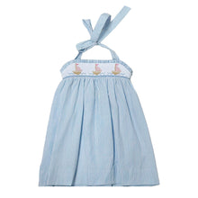Load image into Gallery viewer, This enchanting Girl's Rachel Sailboat Stripe Dress captures summer's essence with classic blue and white seersucker stripes. The beautifully smocked bodice showcases charming embroidered sailboats, while the halter tie design ensures a perfect fit. An irresistible choice for warm-weather adventures, this quintessential summer dress is available for both toddlers and girls. Complete the look with the matching little sister short set for adorable coordinated outfits!