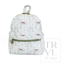 Load image into Gallery viewer, The Hunt MINI Backpack from TRVL Design is perfectly sized for little ones' first school days and adventures. The adorable hunting dog and mallard print captures a classic outdoor spirit that appeals to young explorers. Crafted from easily wipeable materials, this backpack withstands the wear and tear of daily use—spills, mud, and playground mishaps won't leave a lasting mark. Durable construction ensures it lasts all year through school, daycare, and weekend outings. An ideal companion for your little adve